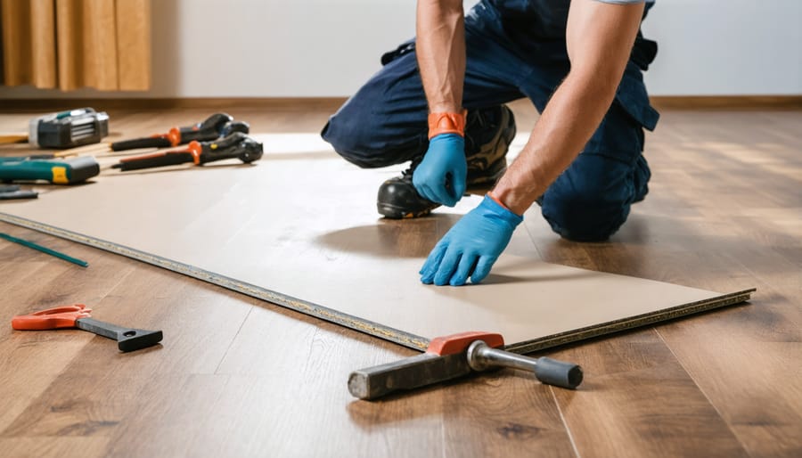 Professional installer using proper tools to install laminate flooring planks
