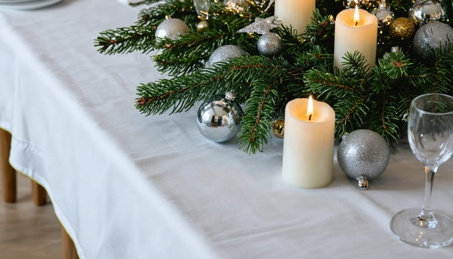 Elegant holiday table centerpiece with protective elements showing safe decorating techniques