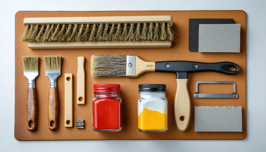 Complete set of tools and materials needed for metal furniture repair laid out on workbench