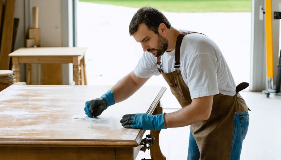 Craftsperson carefully stripping old finish from wooden furniture piece using professional tools