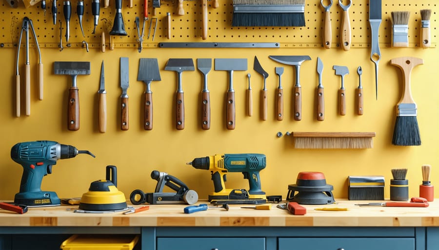Well-organized workbench with common furniture restoration tools neatly arranged
