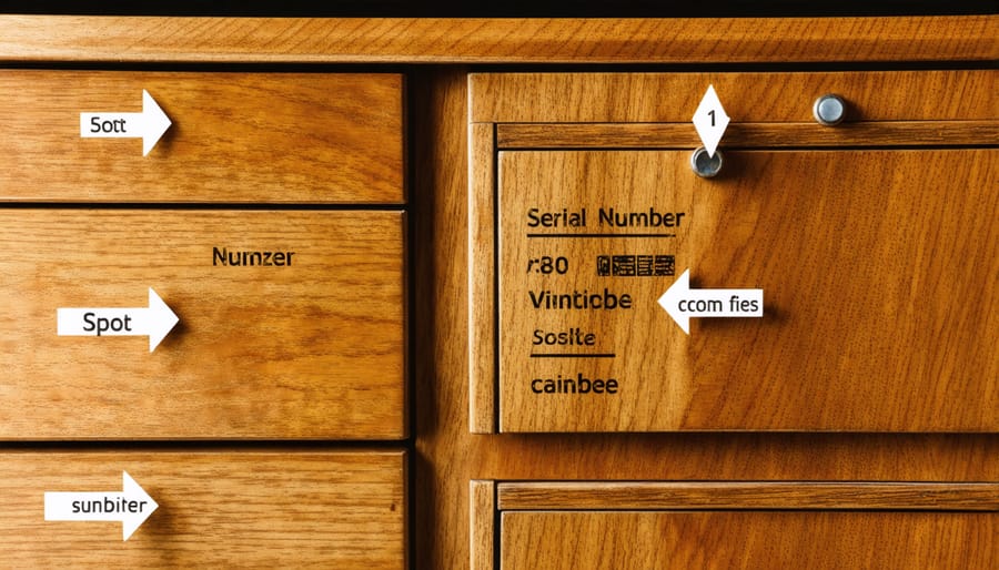 Diagram showing typical serial number locations on vintage furniture pieces