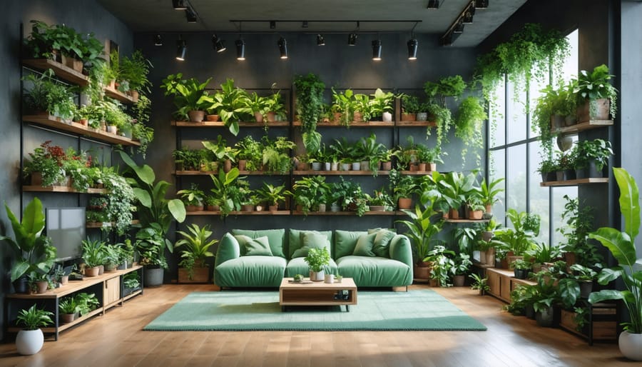 Compact living space with vertical plant arrangements and natural wood and stone elements