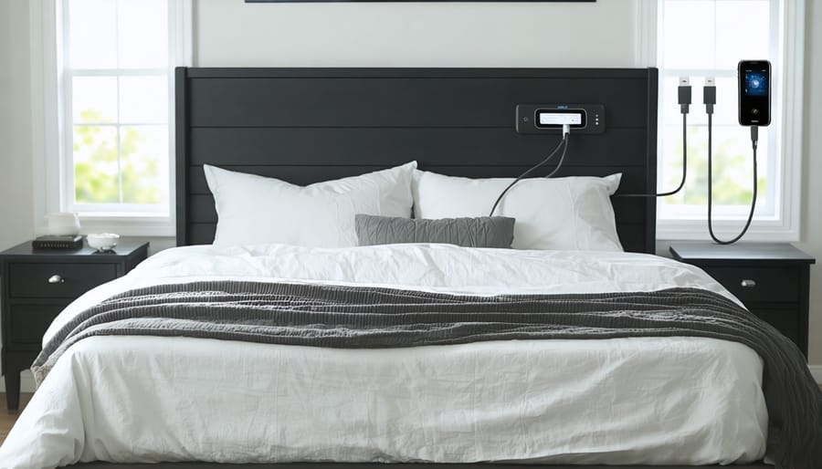 Modern bedroom with tech-integrated furniture and smart features