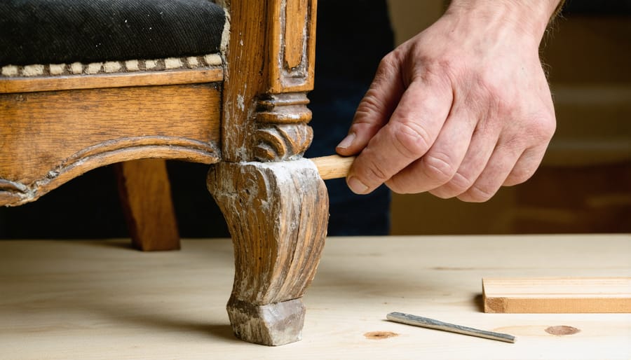 Professional furniture restorer repairing a damaged chair joint using traditional techniques