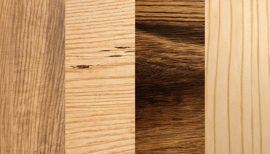 Side-by-side examples of surface damage types on furniture including scratches, burns, and stains