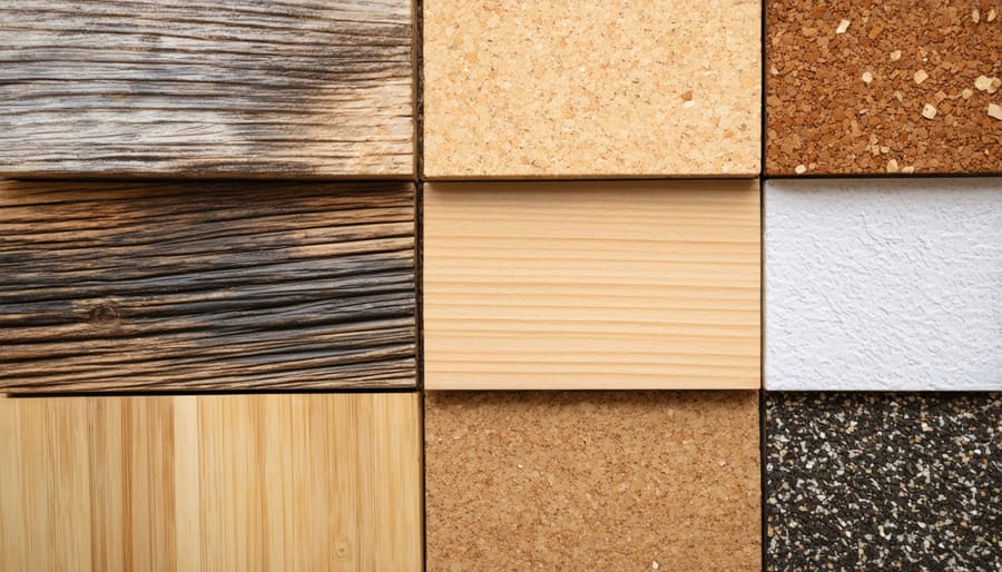 Collection of sustainable interior design materials showing various textures and colors