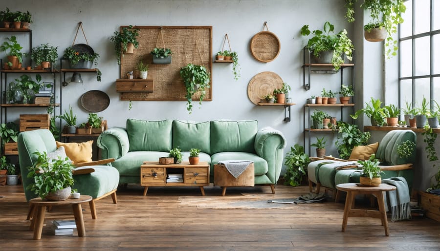 Interior of eco-conscious furniture repair workshop showing tools and work in progress