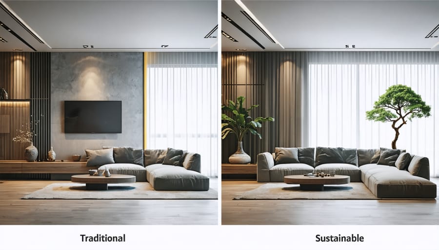 Side-by-side comparison of a living room featuring sustainable materials against conventional materials