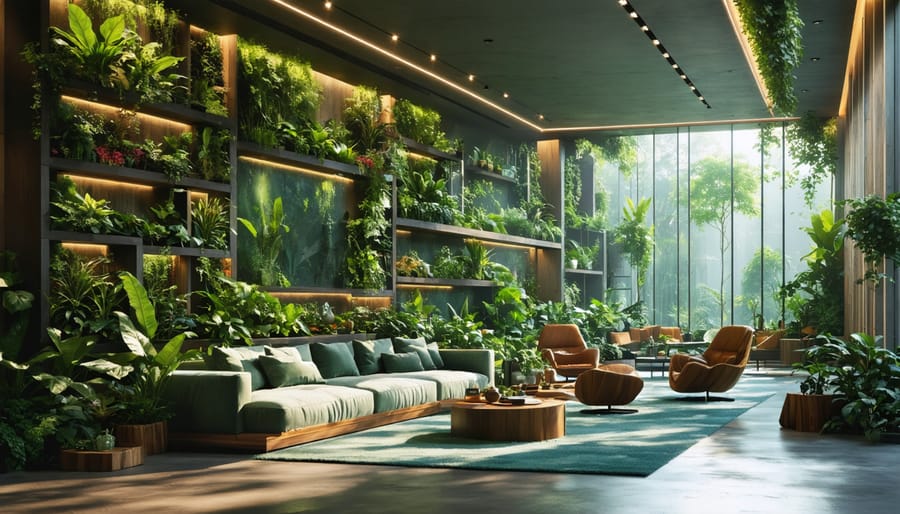 Modern interior featuring a lush living wall filled with various plant species, welcoming natural light through expansive windows. The space includes sustainable wood furnishings and a serene water element reflecting the essence of biophilic design.