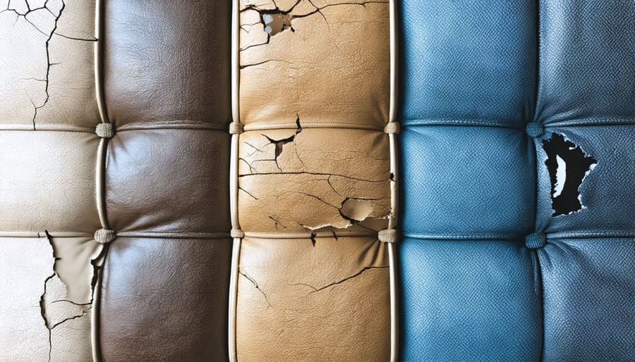 Various types of upholstery damage on fabric and leather furniture surfaces