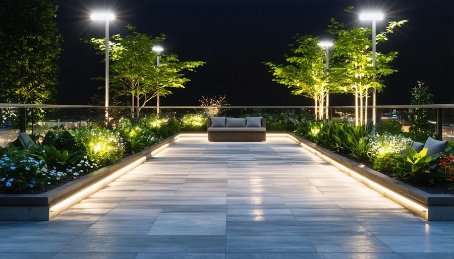 Beautifully lit urban rooftop terrace demonstrating layered lighting techniques