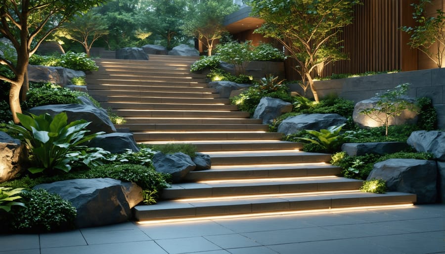 Urban garden featuring illuminated steps and accent lighting on architectural elements
