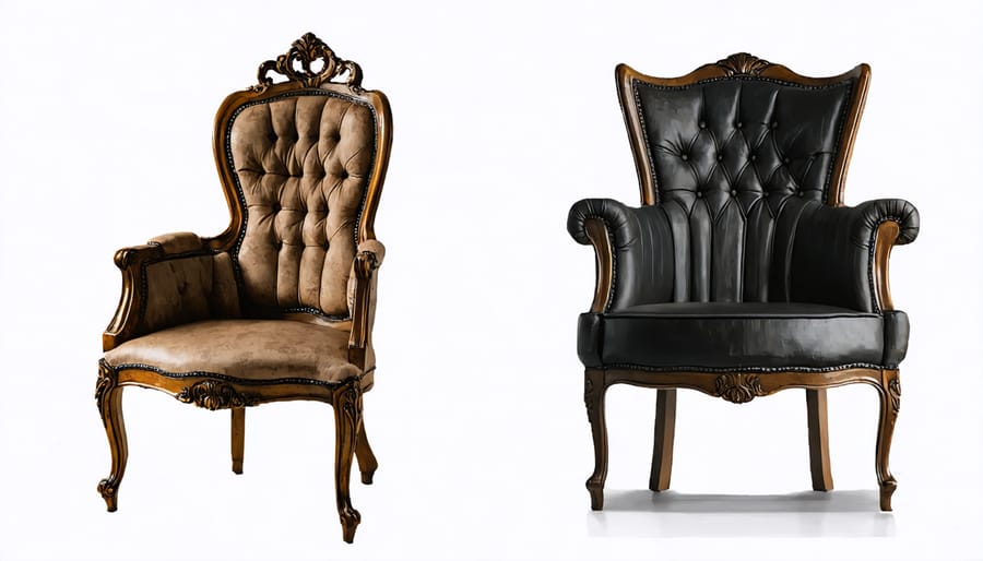 Side-by-side comparison of decorative Victorian chair and simple industrial chair showing style transition