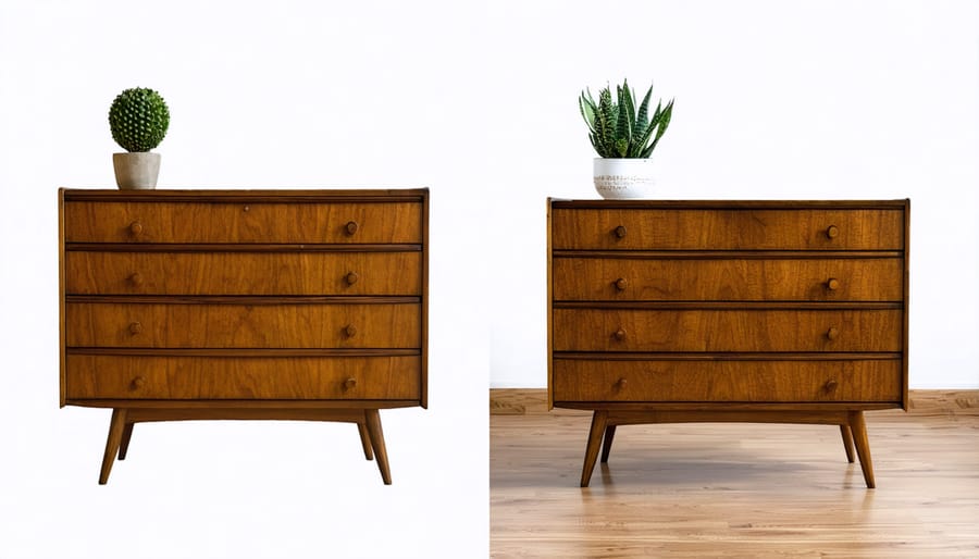 Split image showing vintage dresser restoration: left side worn and damaged, right side beautifully restored