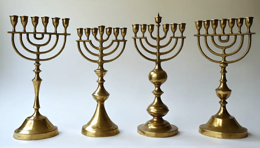 Vintage mid-century modern brass menorahs showing geometric patterns and clean lines