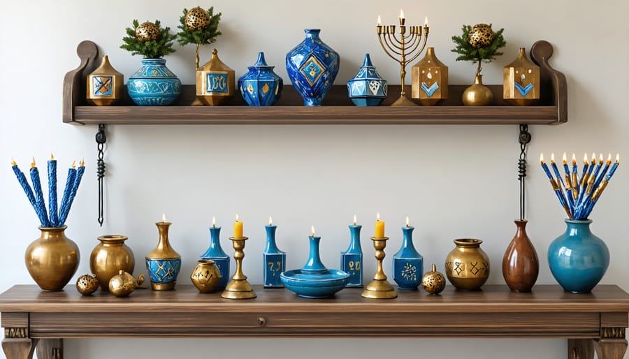 Styled shelf displaying vintage wooden dreidels alongside modern Hanukkah decorations