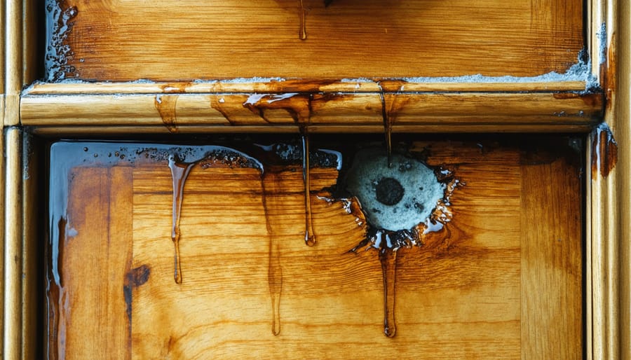 Detailed view of water damage effects on wooden furniture including warping and mold