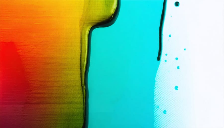 Detailed view of wood stain being applied to sanded hardwood flooring, showing rich color development
