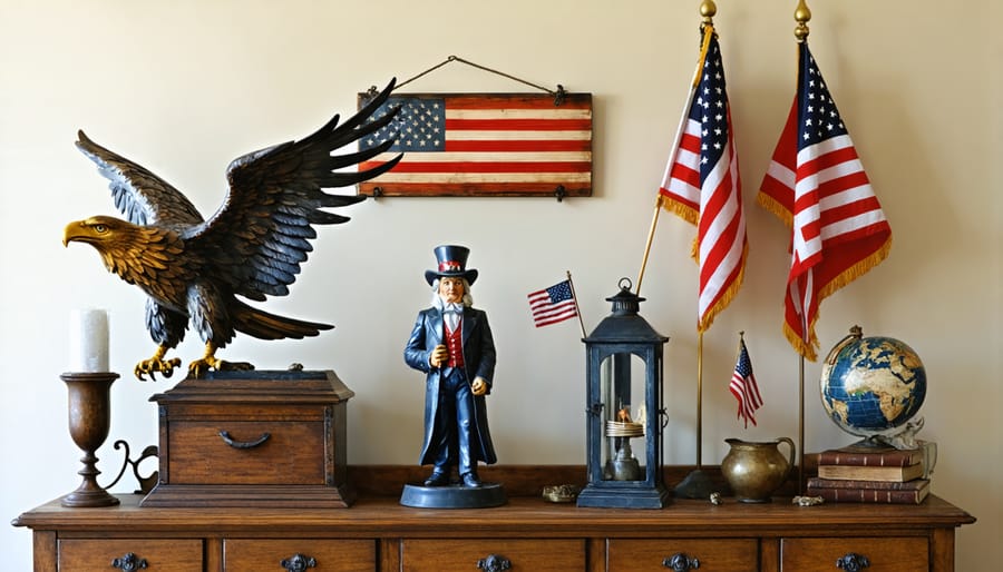 Display of classic American patriotic decorations featuring antique Uncle Sam figure and cast iron eagle