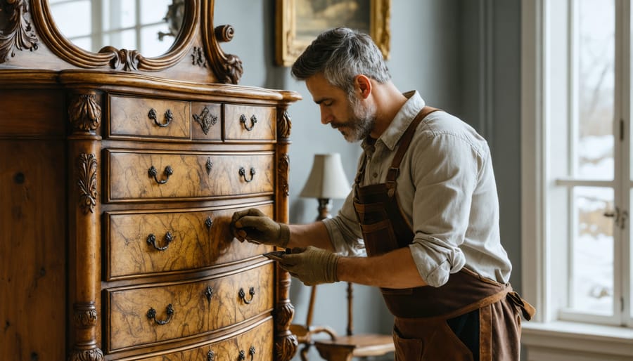 Expert craftsperson evaluating ornate details on a vintage bedroom dresser