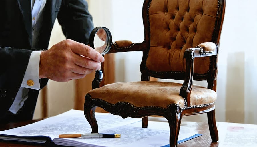 Expert appraiser conducting detailed examination of an antique Victorian chair