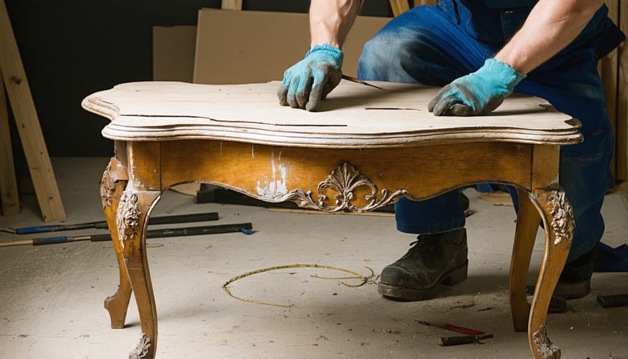 Skilled craftsperson performing restoration work on damaged antique table