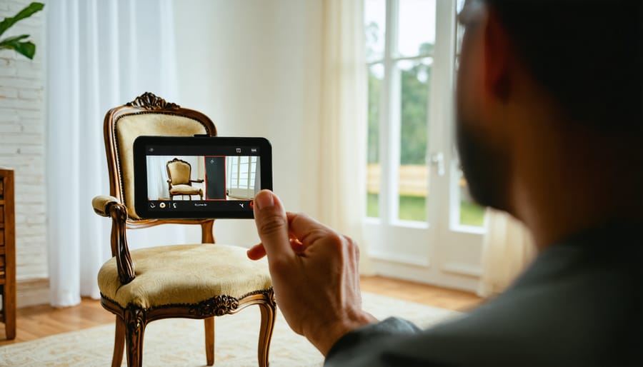 Designer and client viewing virtual restored furniture piece through AR device