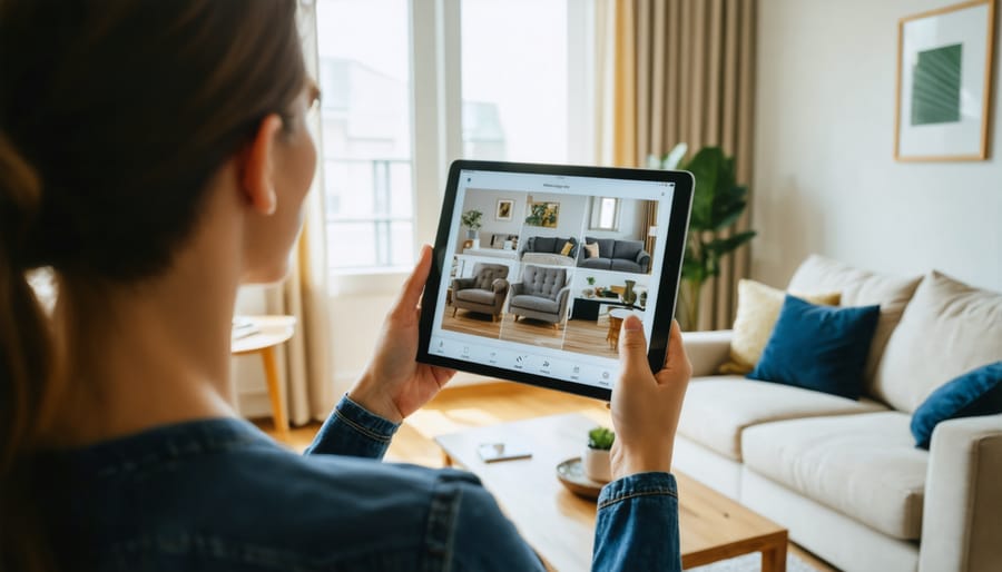 Interactive AR furniture placement demonstration showing virtual sofa and coffee table in real room