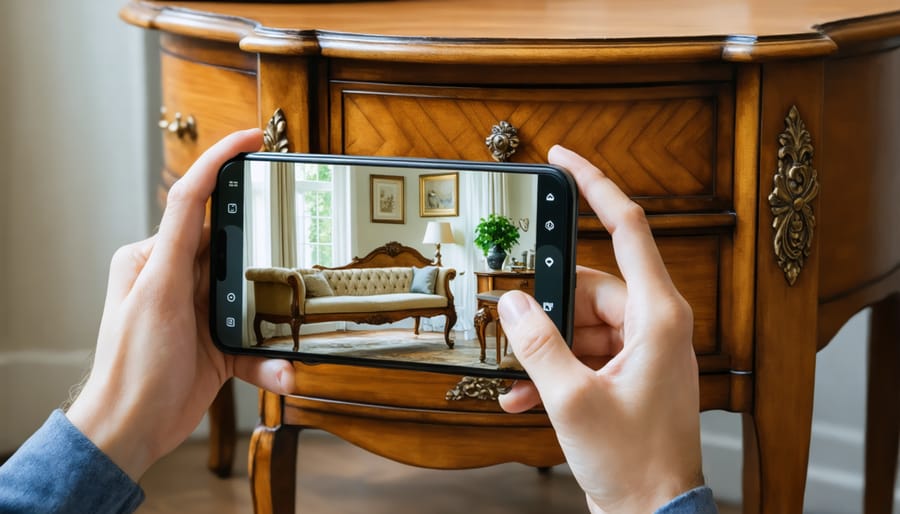 Tablet showing augmented reality guidance for furniture restoration with real-time instructions