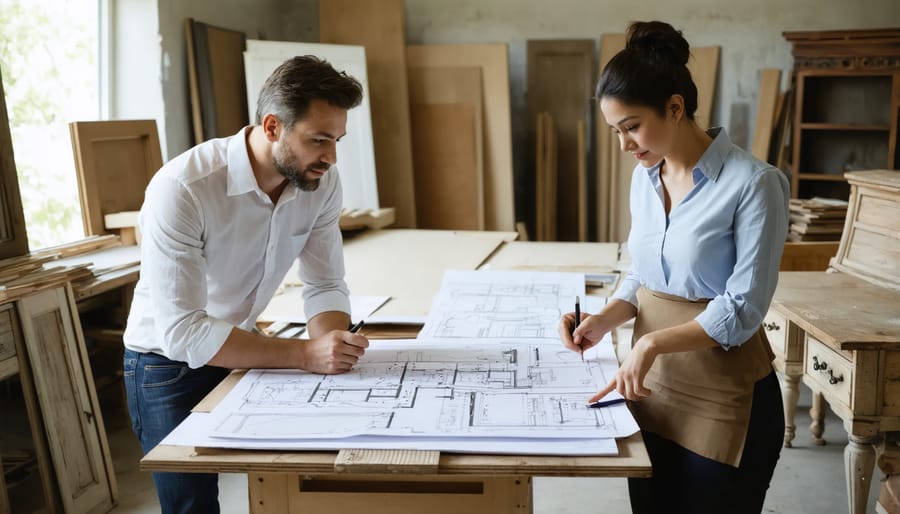 Architect discussing furniture restoration blueprints with client while standing next to antique furniture piece
