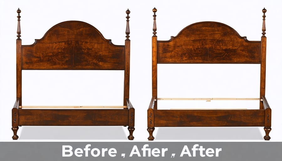 Side-by-side comparison of antique bedframe before and after professional restoration
