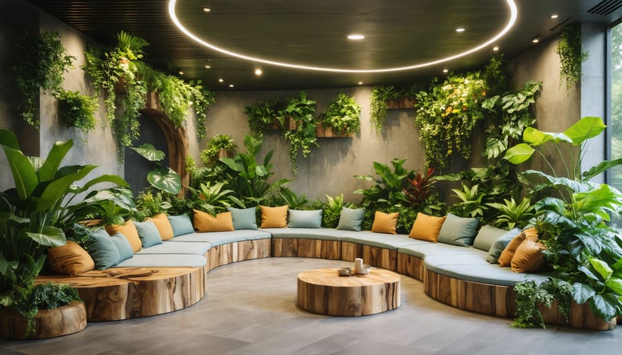 A chic indoor setting showcasing a wooden bench with live-edge details, surrounded by green plants, and adorned with natural-textured cushions, exemplifying biophilic design.