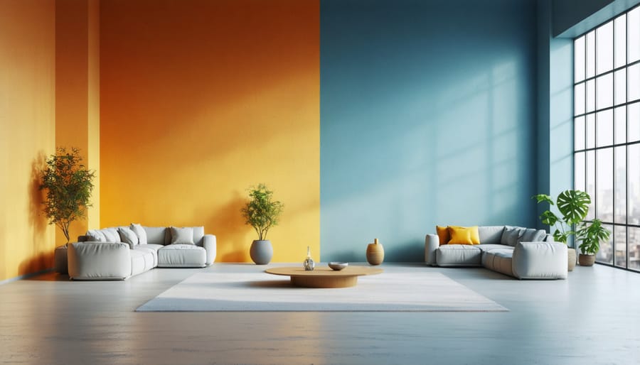 Side-by-side comparison of a living room decorated in warm and cool color schemes showing distinct mood differences