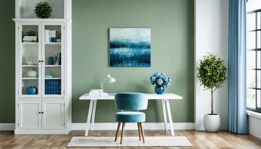 Peaceful home office space featuring cool colors with green walls and blue accessories