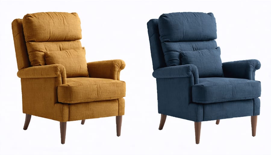 Side-by-side comparison showing an armchair before and after cushion repadding