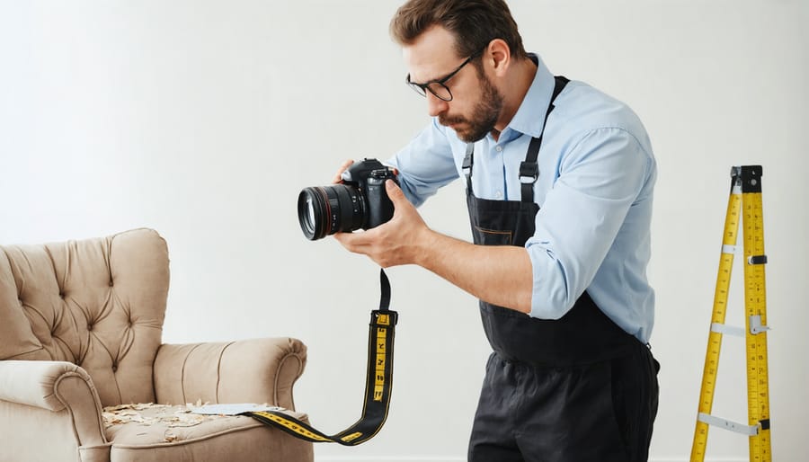 Person photographing damaged furniture and taking measurements for insurance claim documentation