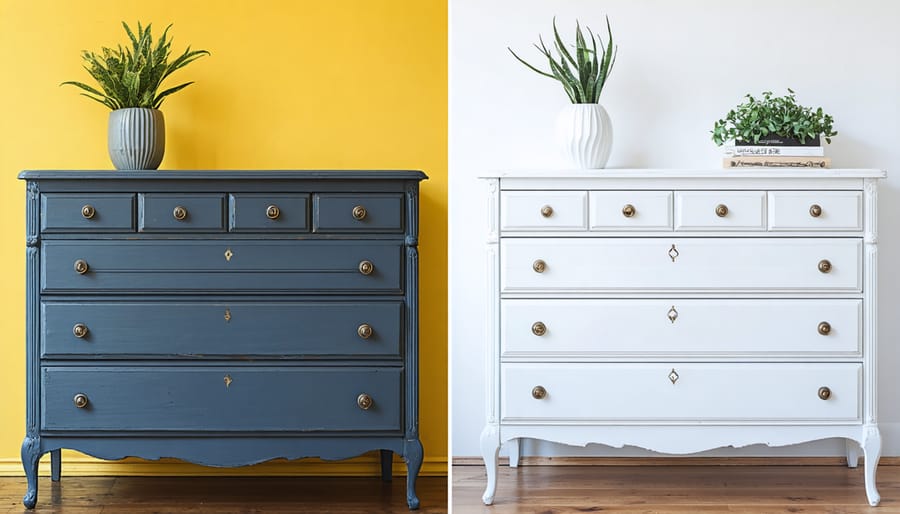 Side-by-side comparison of dresser transformation, from worn wood to elegant painted finish