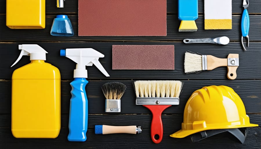 Essential furniture preparation tools including sandpaper, cleaning materials, and safety equipment