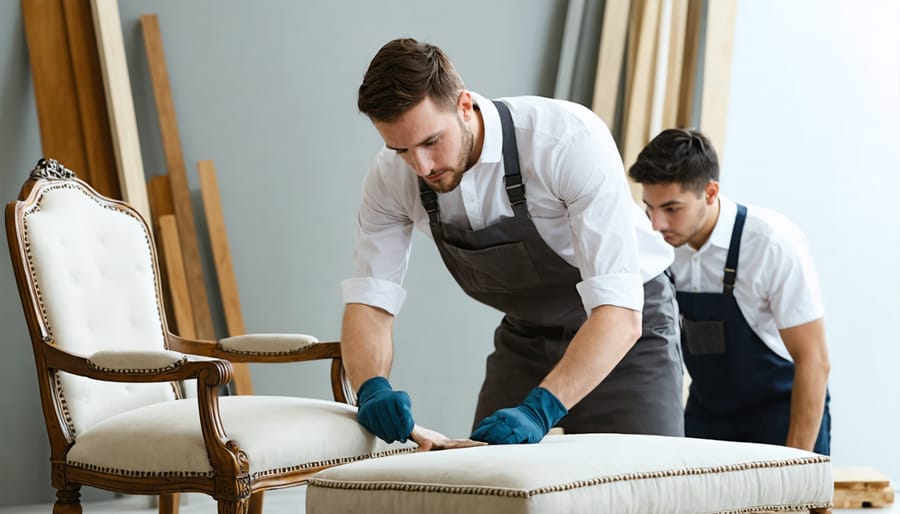 Senior craftsperson training new employee in furniture upholstery techniques