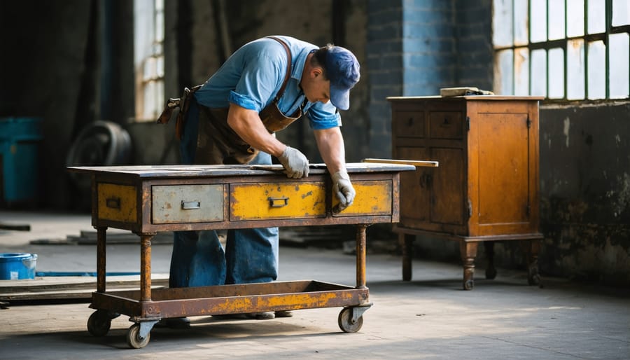 Artisan carefully restoring a classic industrial metal chair in a modern workshop