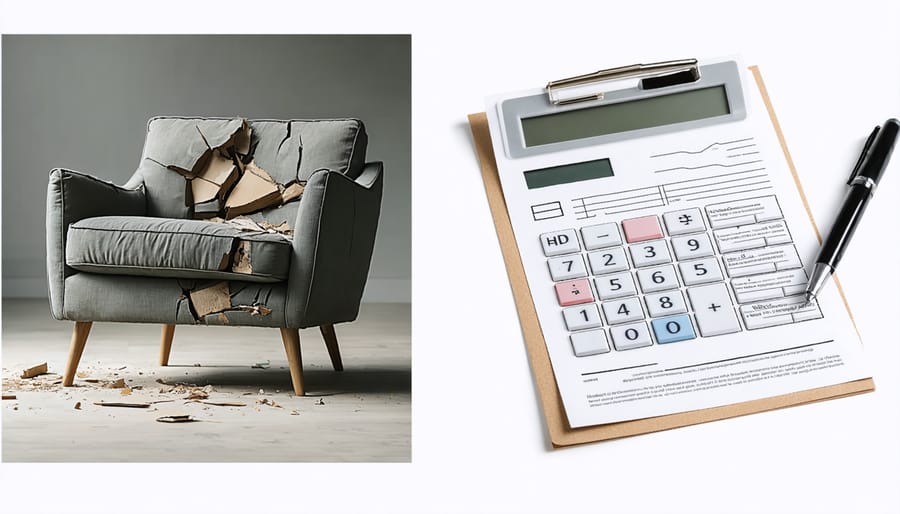 Side-by-side comparison of damaged furniture and insurance claim calculation process