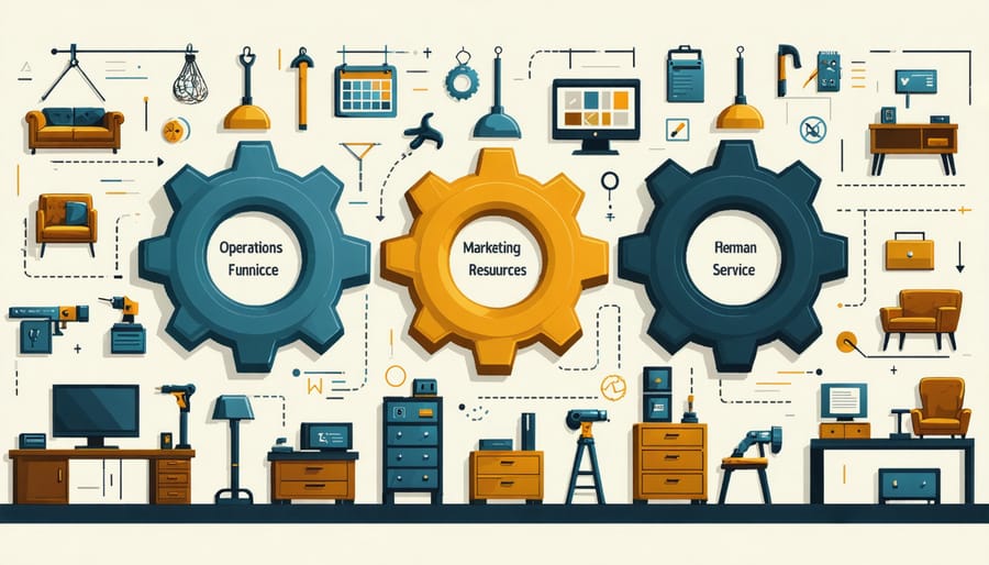 Conceptual illustration of interconnected cogs labeled with key business functions, surrounded by furniture repair elements and tools, symbolizing the integrated operations of a successful furniture repair shop.