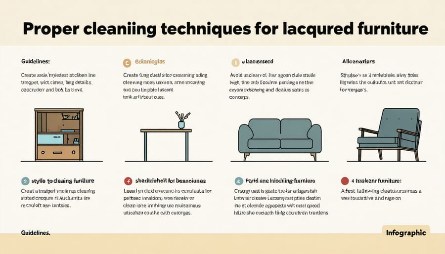 Step-by-step illustration demonstrating correct cleaning methods and materials for lacquered furniture