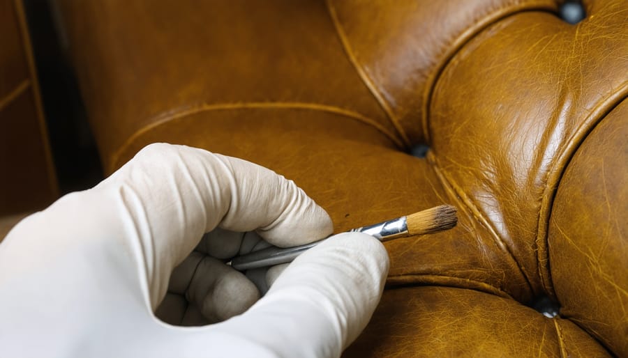 Leather restoration specialist carefully matching and applying color to a luxury leather sofa