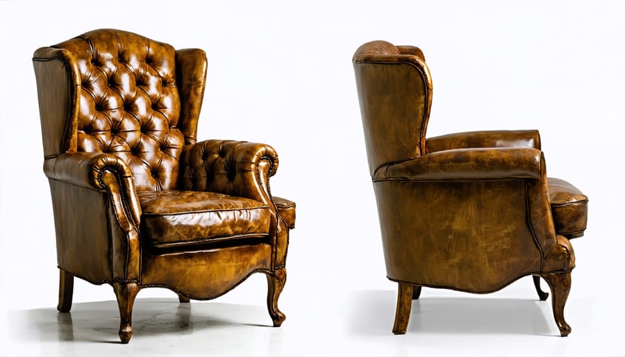 Before and after comparison of a restored antique leather armchair showing dramatic improvement