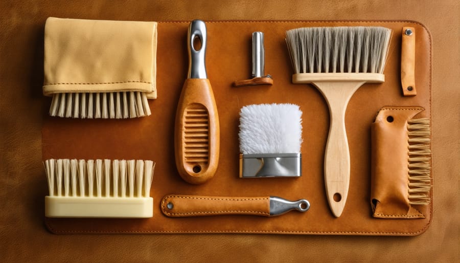 Professional leather restoration tools including specialized cleaners, conditioners, and applicators