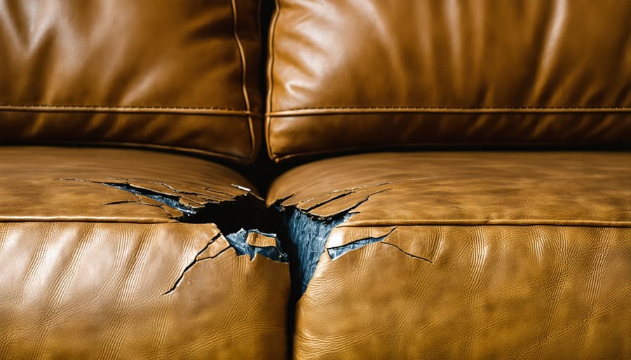 Upholsterer fixing a torn leather couch cushion using specialized tools