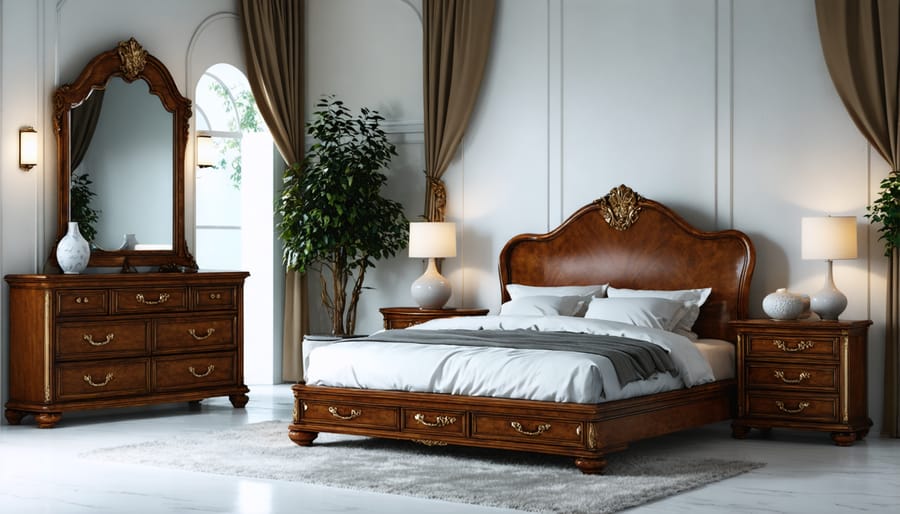 Luxurious showroom presentation of restored antique bedroom furniture