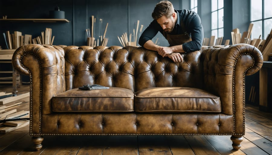 A master craftsman skillfully restoring a luxury leather Chesterfield sofa, showcasing the precision and care involved in revitalizing high-end leather furniture.
